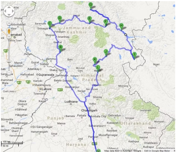 Map showing the Barnstormers' planned Himalayan road-trip route through northern India